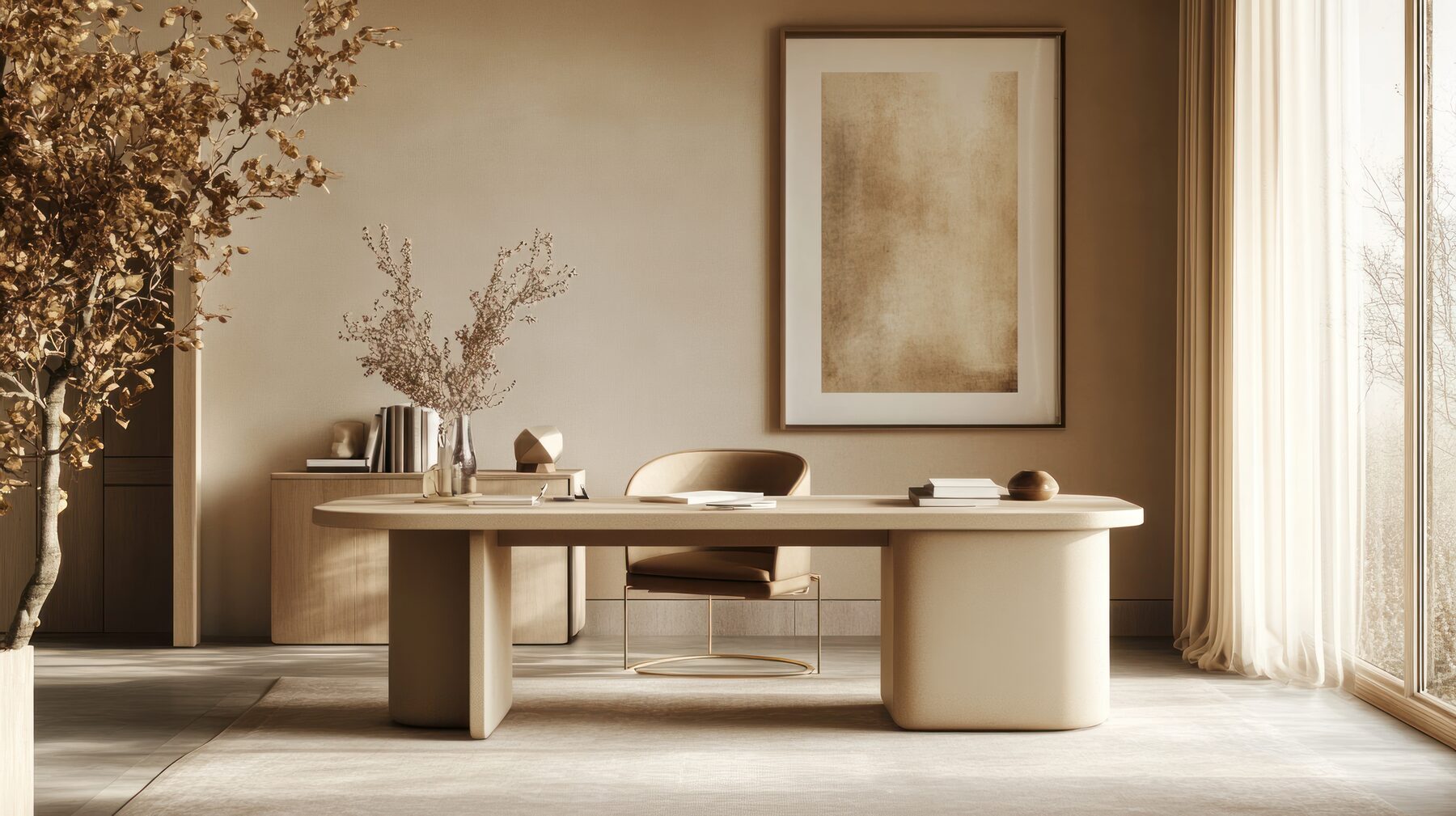 Heller, ruhiger Büroraum in warmem Beige mit Tageslicht – Atmosphäre des Büro Kahl im Spessart